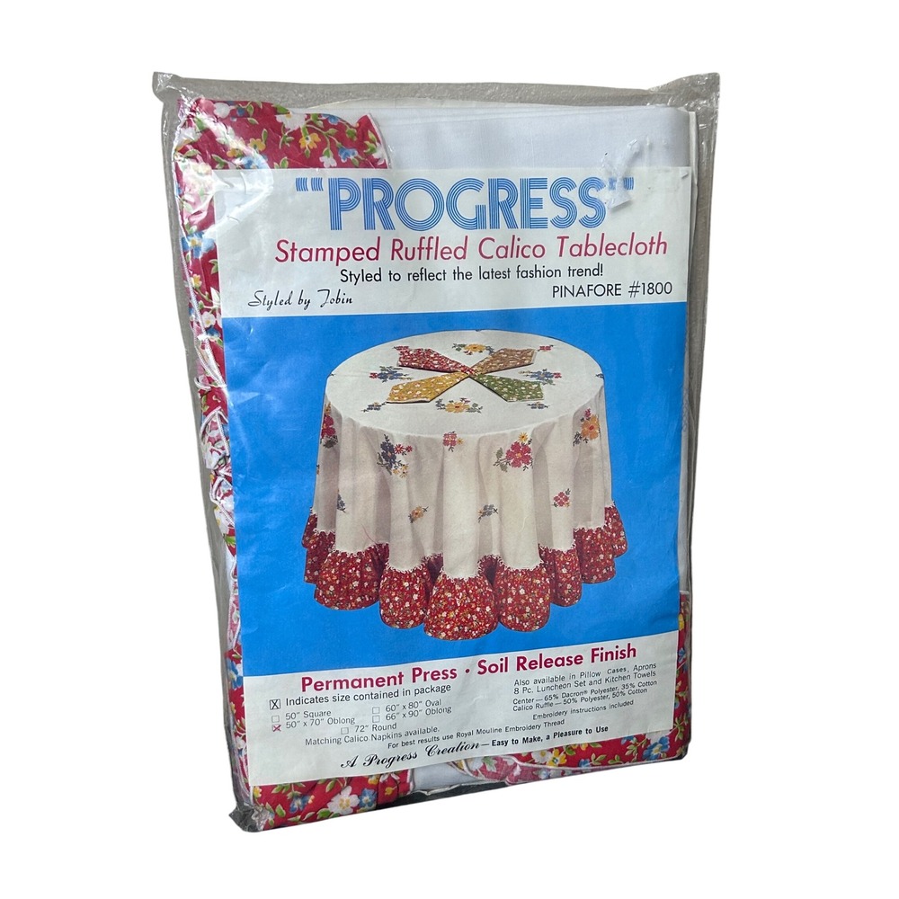 Vintage Stamped Ruffled Calico Tablecloth Kit 50 x 70‎ Oblong Prairie Kitsch Red